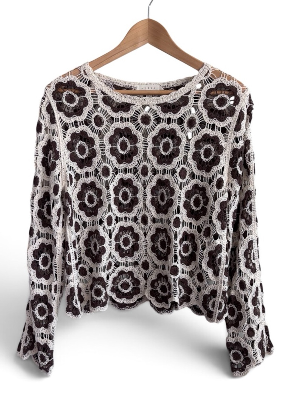 ADIVA Boho Crochet Floral Knit Sweater Top Mesh Cutout Bell Sleeve Medium